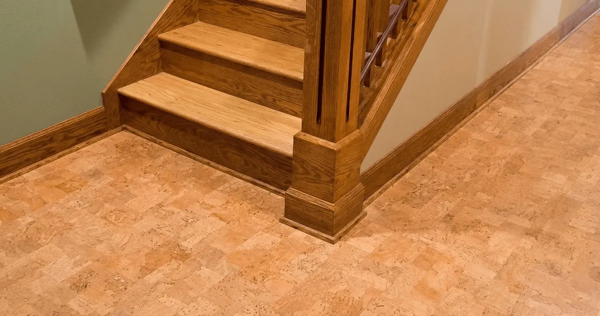End of a staircase with cork flooring in Ogden, UT