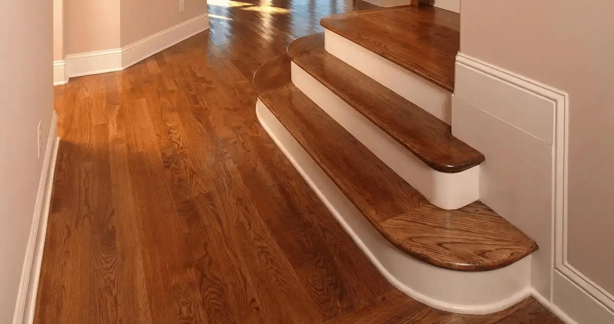Base floor of a staircase with professionally restored wood flooring in Ogden UT