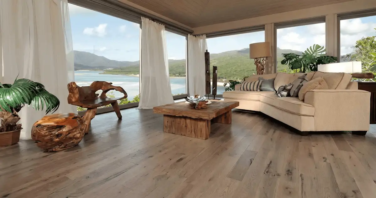 Professionally installed vinyl flooring in a modern living room with large windows in Ogden, UT